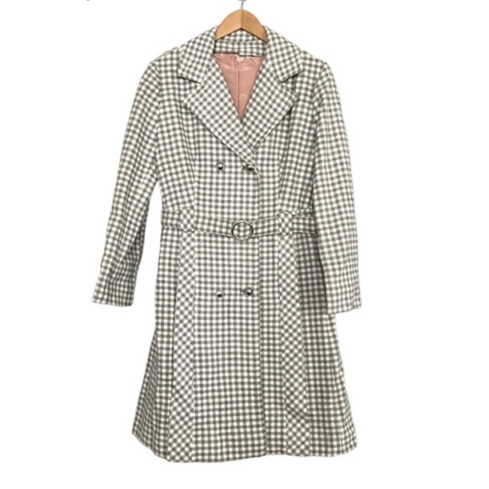 Vintage 60s Gray White Checkered Plaid Dress Coat Belted Double Breasted Trench